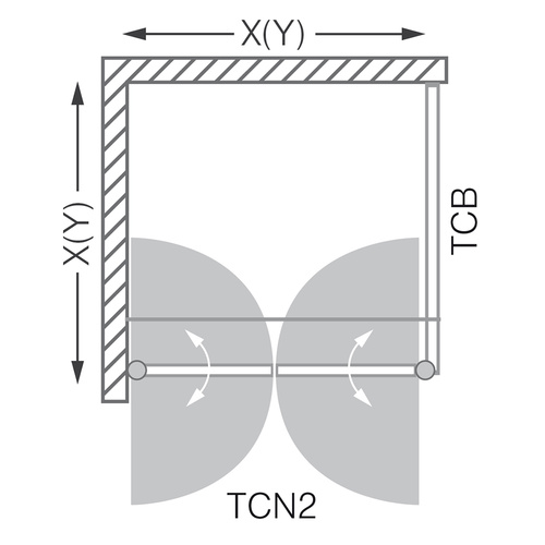 Nákres sprchových dverí TCN2 a ľavej bočnej steny TCB_L