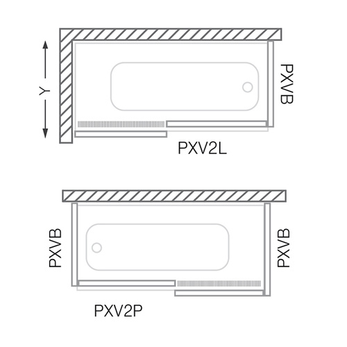 Hore: Ľavé dvere a pevná stena PXV2L+PXVB. Dole: Pravé dvere s dvoma stenami PXVB+PXV2P+PXVB 