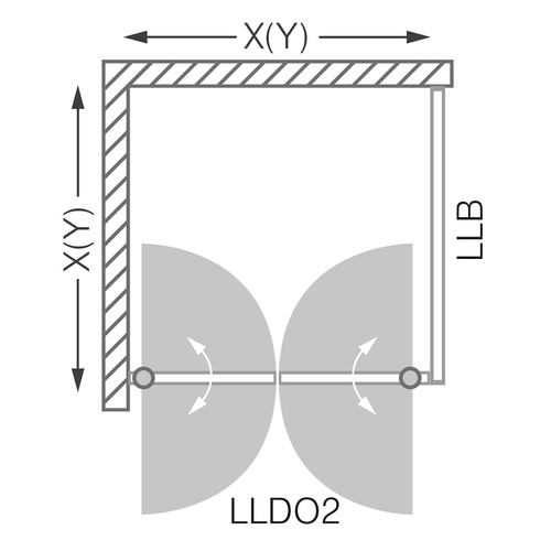 Nákres sprchových dverí LLDO2 s bočnou stenou LLB